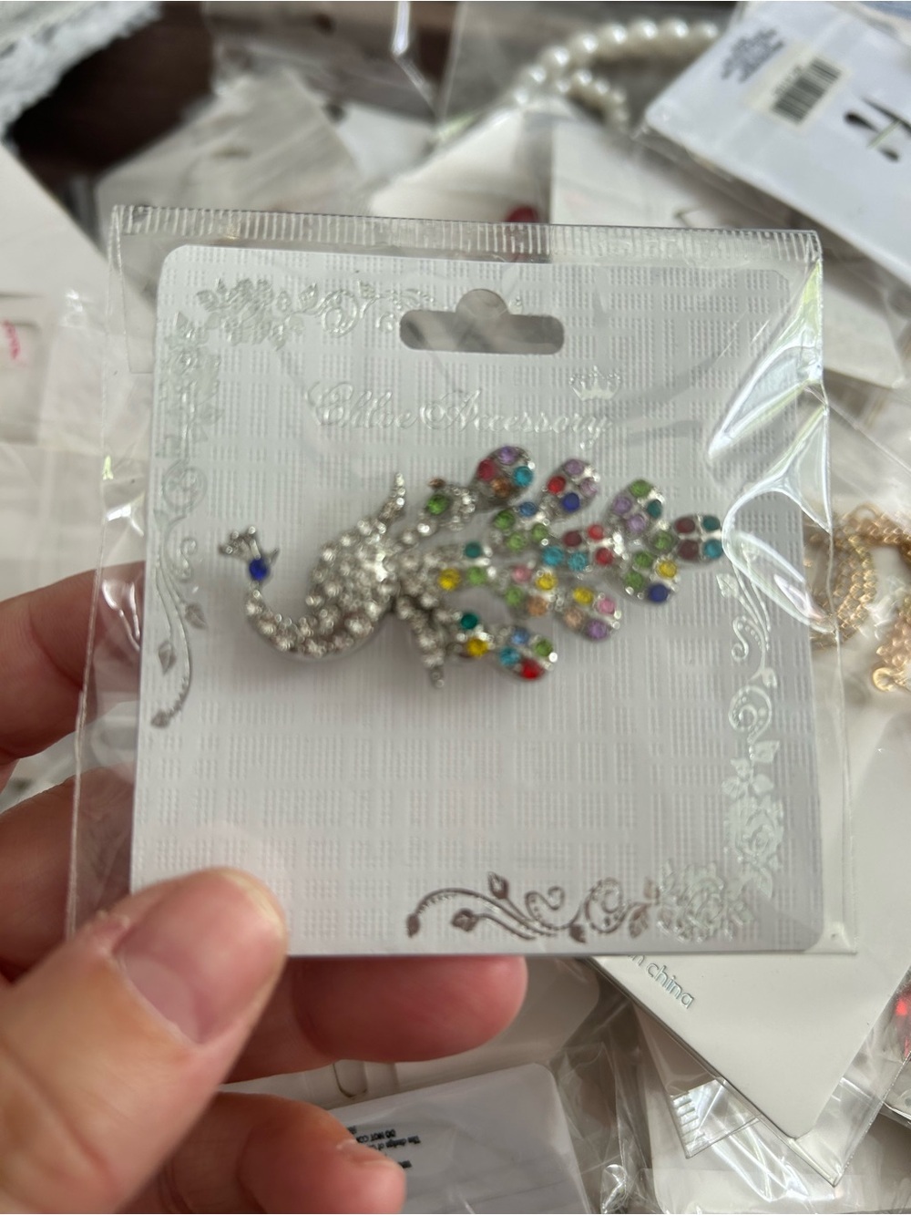 4/$50 Rhinestone Peacock Brooch with Multicolor Crystals